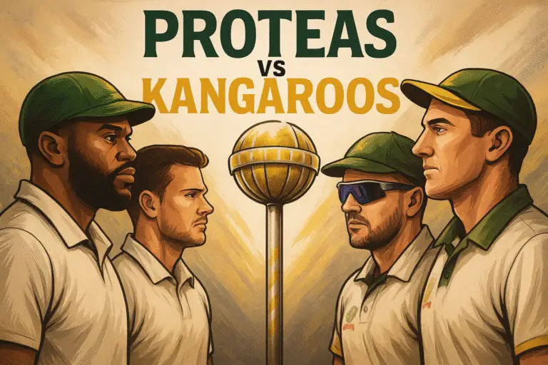 Temba Bavuma and South African teammates face off against Pat Cummins and Australian players with the WTC mace between them in a stylized digital painting for the 2025 World Test Championship Final. (WTC Final)
