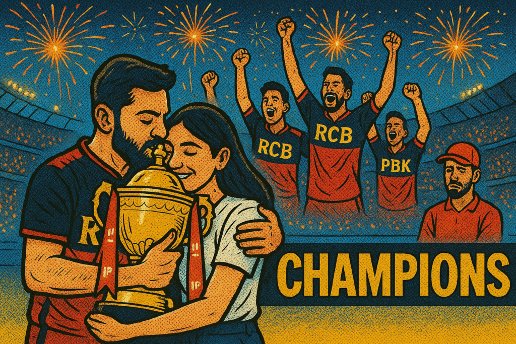 RCB wins IPL 2025 with Kohli holding the trophy and hugging Anushka Sharma, fireworks in stadium, sad PBKS players in background.