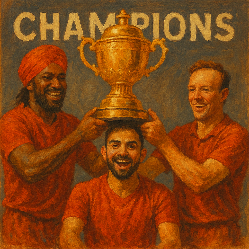 Virat Kohli, Chris Gayle in a red turban, and AB de Villiers celebrating together while lifting the IPL trophy with "CHAMPIONS" written in the background, painted in a vibrant artistic style.