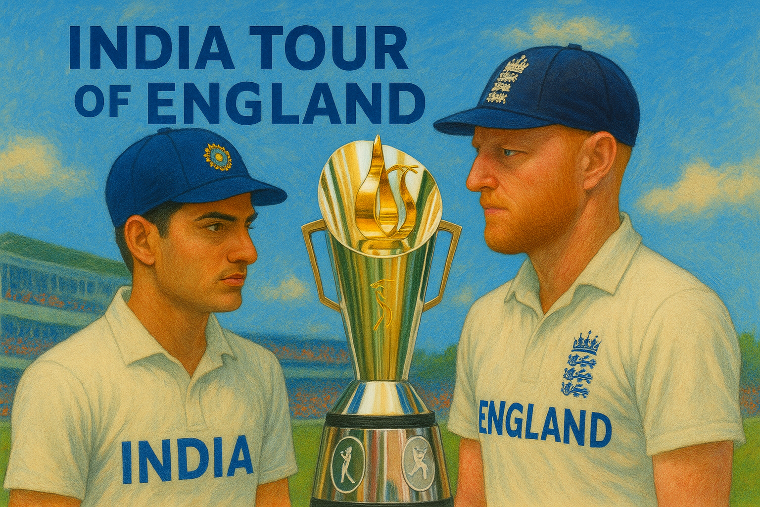 Illustration of India vs England 1st Test Match 2025 – Indian and English players face off with trophy in the center during the India tour of England.