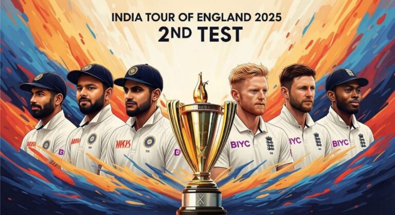 "India vs England 2nd Test 2025 poster featuring cricket players from both teams and a golden trophy at the center"