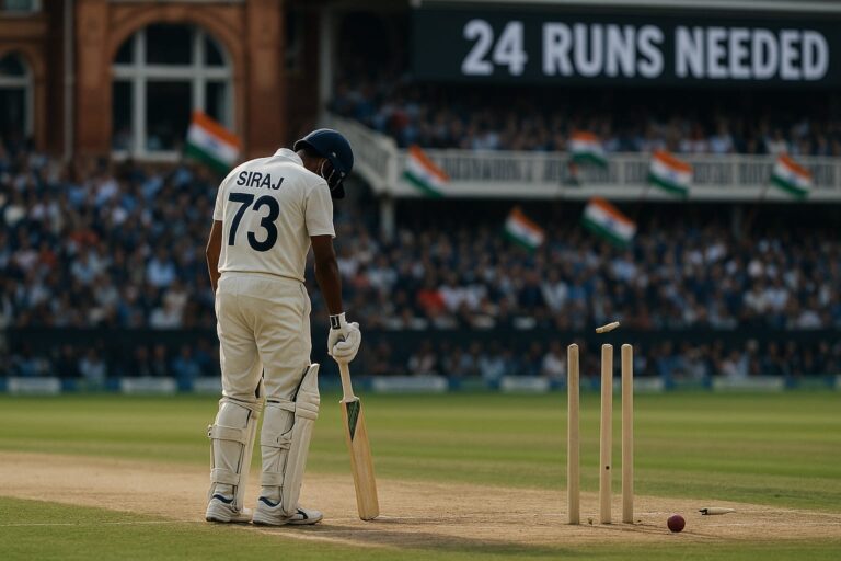 Mohammed Siraj dismissed bowled at Lord’s during tense India vs England 2025 Test match as bails fly and scoreboard shows 24 runs needed.