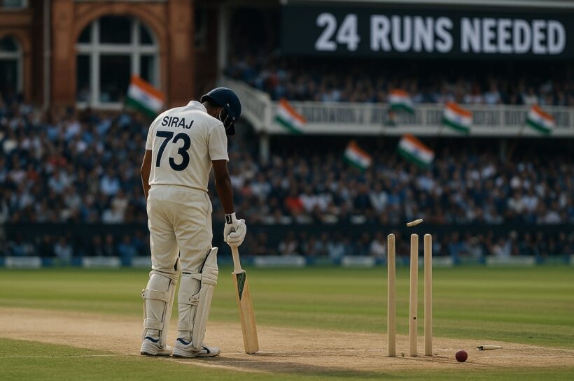 Mohammed Siraj dismissed bowled at Lord’s during tense India vs England 2025 Test match as bails fly and scoreboard shows 24 runs needed.