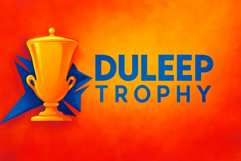 Duleep Trophy 2025 official logo with golden trophy, blue star background, and vibrant red-orange gradient.