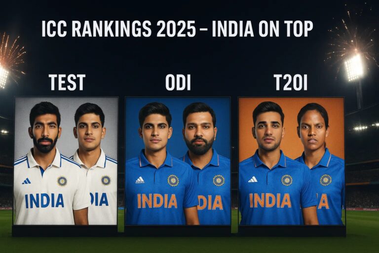 Indian cricket players in Test, ODI, and T20I jerseys standing under stadium lights with “ICC Rankings August 2025” text above them in a single line.