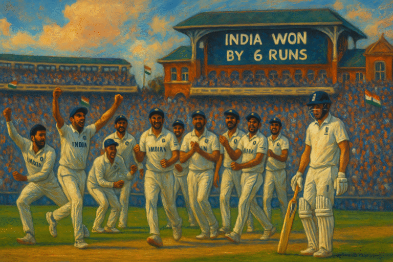 India celebrate thrilling 6‑run win over England at The Oval in 2025 Anderson–Tendulkar Trophy Test series decider.