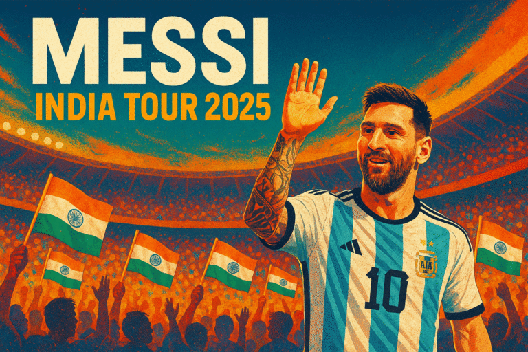 Lionel Messi in a vibrant modern art style, waving to cheering fans holding Indian flags in a packed stadium during the Messi India Tour 2025.