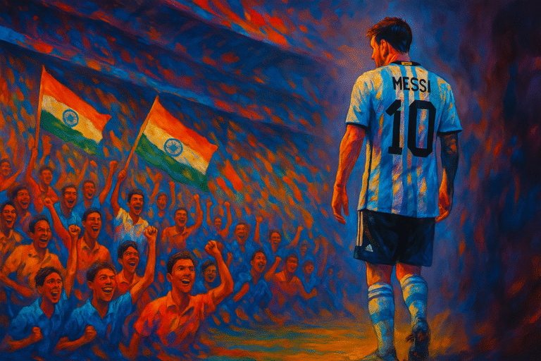 Lionel Messi in a vibrant modern art style, imagined in Kerala’s football-inspired atmosphere with cheering fans, symbolizing the anticipated but cancelled Messi Kerala tour.