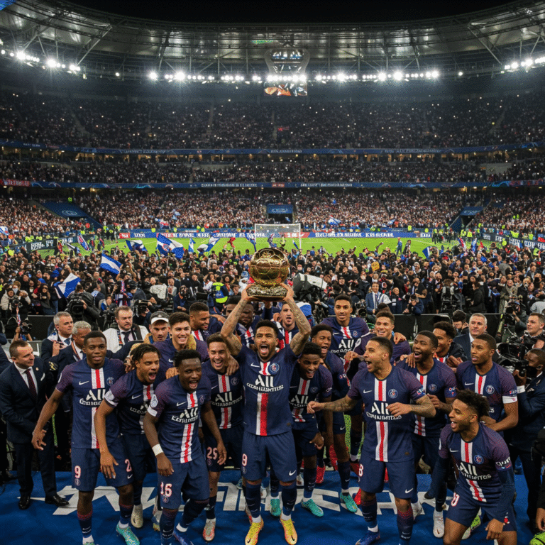 PSG players celebrate with the Ballon d’Or trophy after their historic treble-winning season in front of thousands of fans at Parc des Princes.