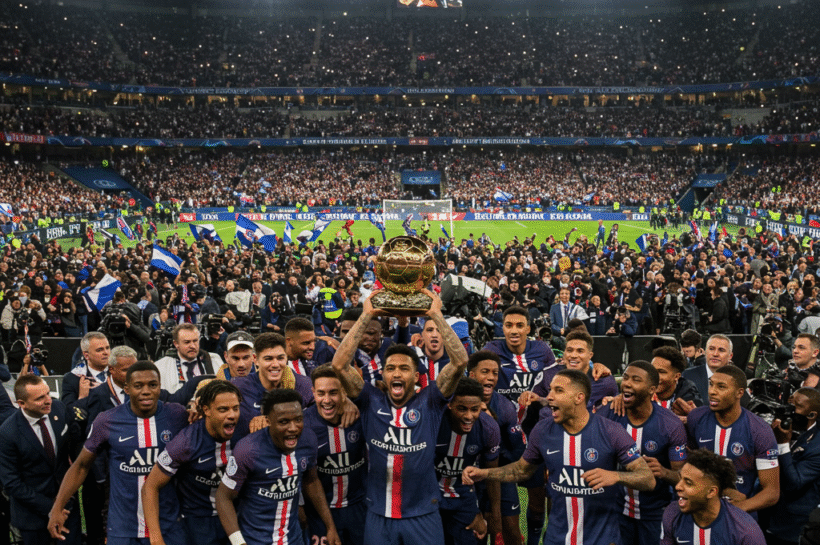 PSG players celebrate with the Ballon d’Or trophy after their historic treble-winning season in front of thousands of fans at Parc des Princes.