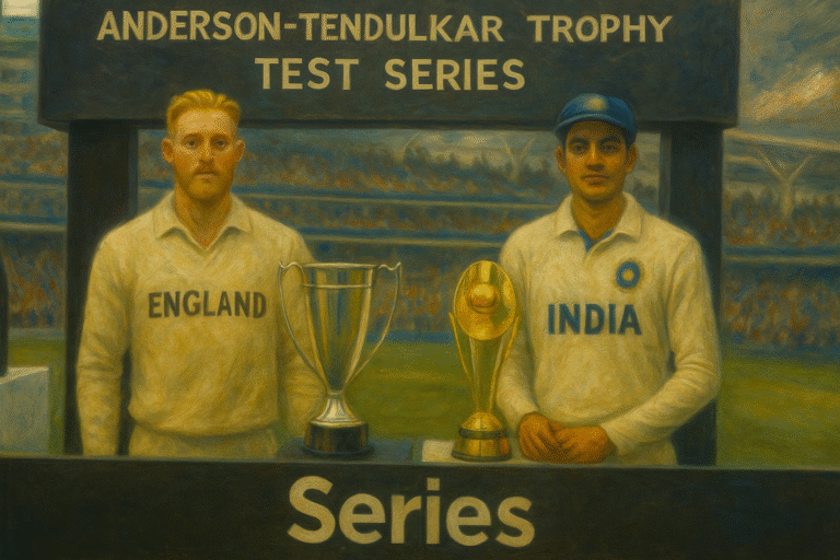 Ben Stokes and Shubman Gill with the Anderson-Tendulkar Trophy after the 2025 India vs England Test series ended 2-2, standing in whites with the trophies in front at The Oval.