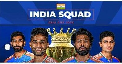India Asia Cup 2025 squad poster featuring Suryakumar Yadav, Shubman Gill, Jasprit Bumrah and key players with trophy in background.