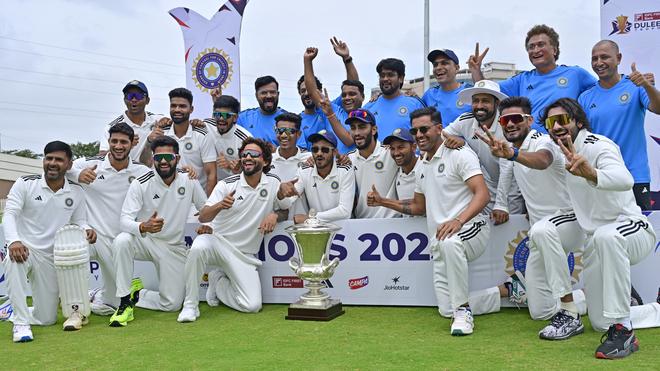 Central Zone cricket team celebrates with the Duleep Trophy 2025 after defeating South Zone in the final